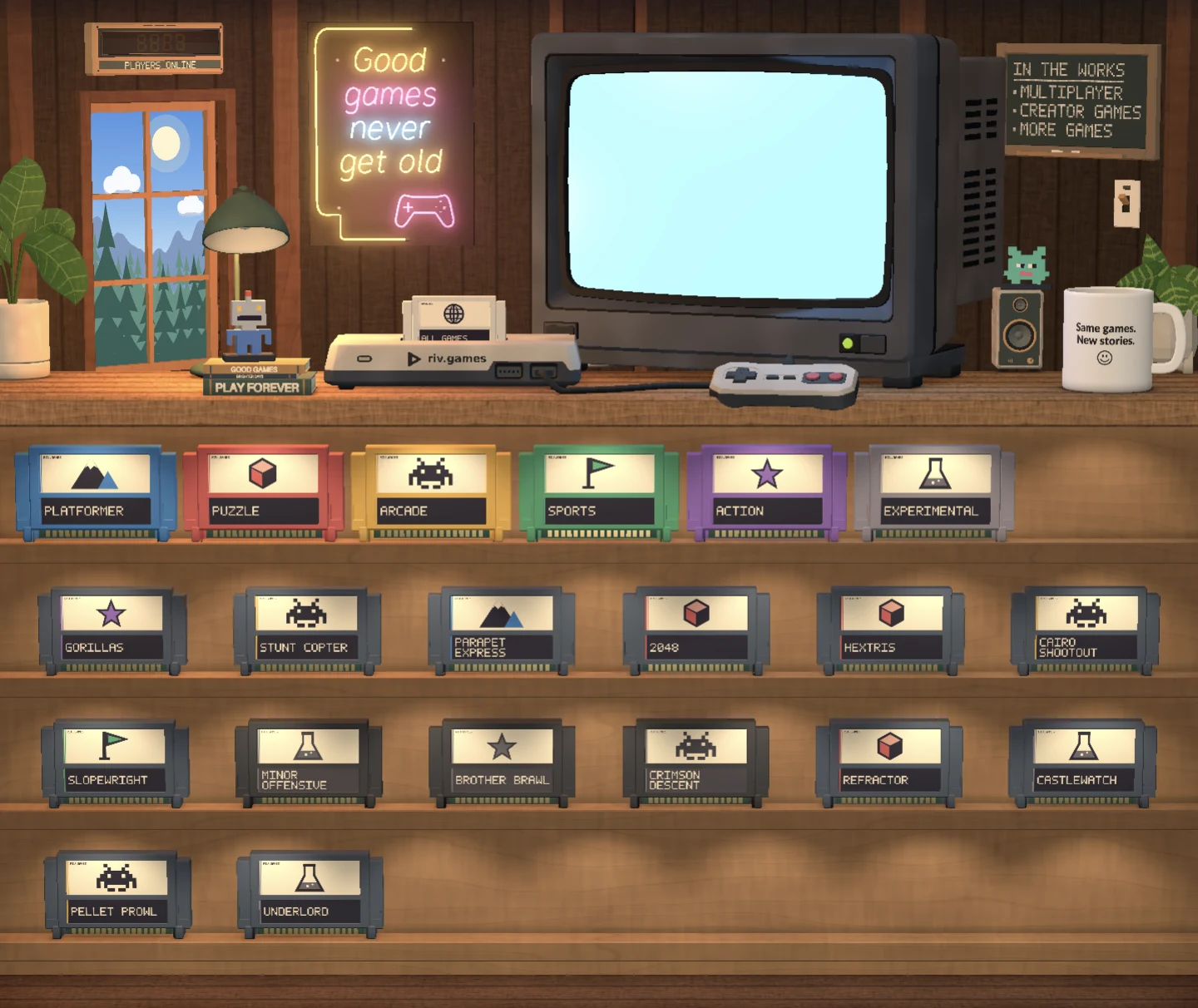 Our 3D arcade room: neon sign and books on the left, console in the middle, CRT television, controller, mug and plants on the right, above a cabinet of category and game cartridges.